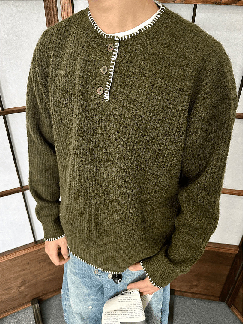 Men's Retro Lazy Style Henley Collar Knit Sweater