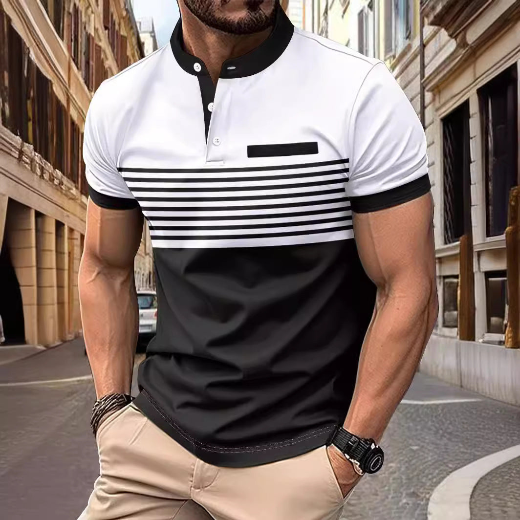 2024 Men's Striped Stand Collar Short Sleeve POLO Shirt