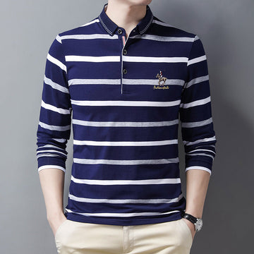 New pure cotton lapel embroidered striped POLO shirt