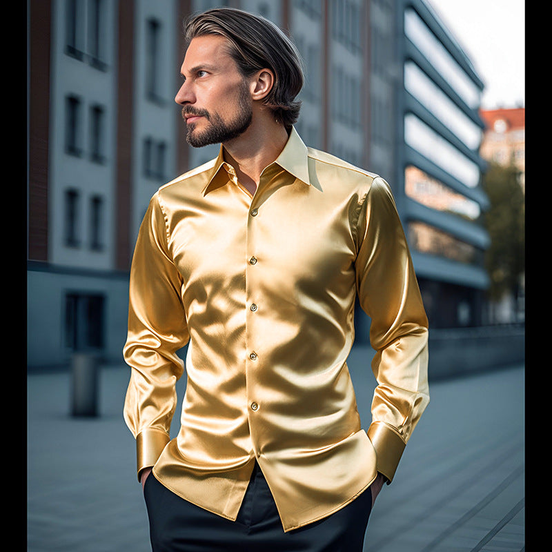 Men's Satin Nightclub Lined Long Sleeve Shirt Performance Shirt