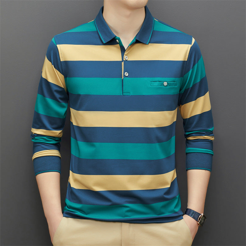 Men's long sleeve striped lapel casual polo shirt