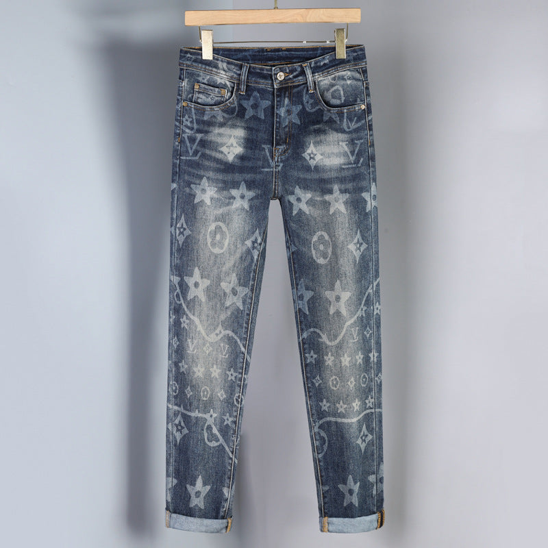 Light luxury trendy brand printed thick jeans