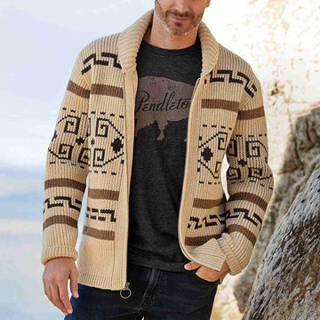 Men's Fashion Lapel Casual Jacquard Knit Sweater