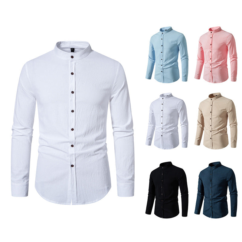 Men's Vintage Cotton and Linen Solid Color Mid-collar Long-sleeved Shirt