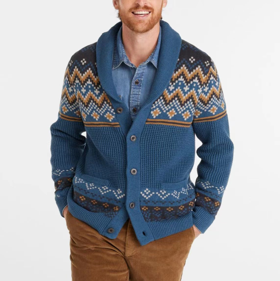 Men's New Lapel Jacquard Knitted Cardigan Sweater