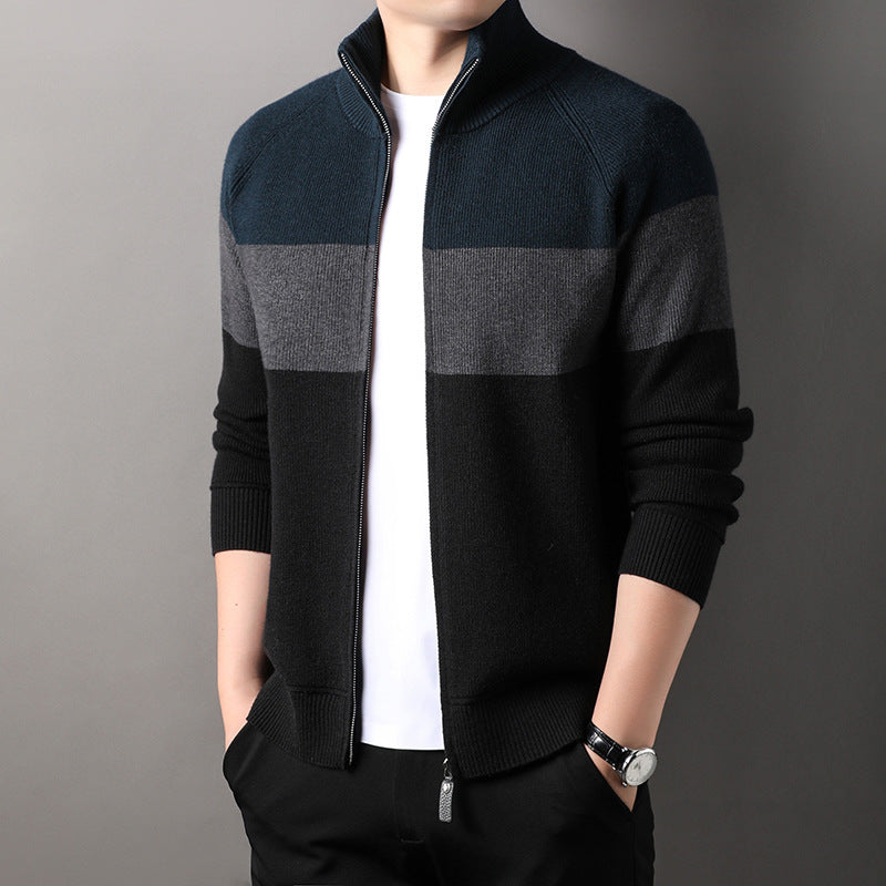 striped stand collar jacquard casual sweater