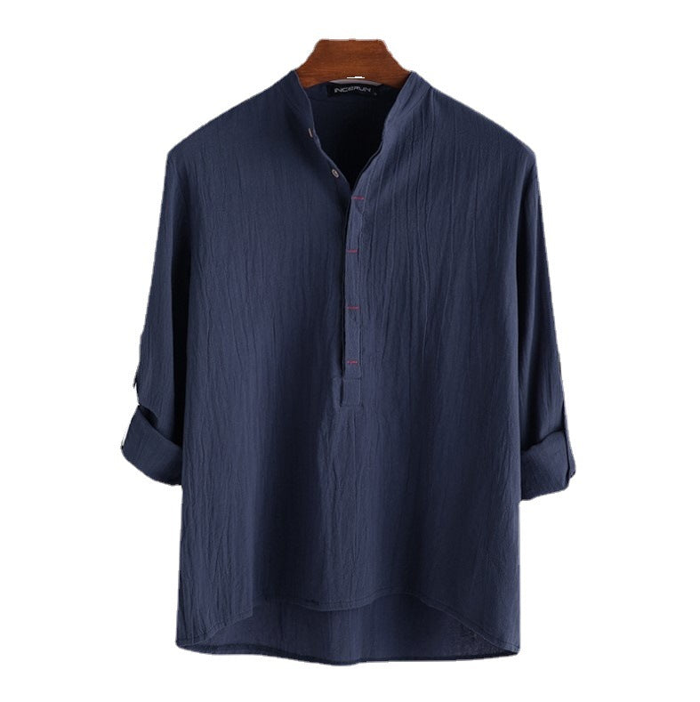 Men's Casual Loose Solid Color Cotton Linen Long Sleeve Shirt