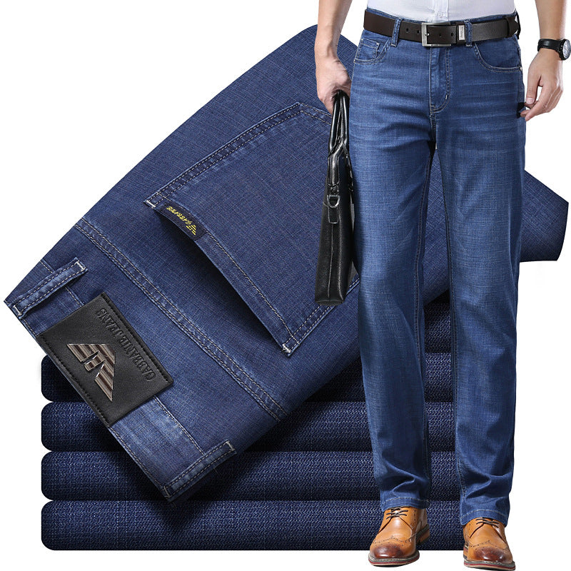 Men's High Waist Elastic Straight Loose Business Silk Jeans