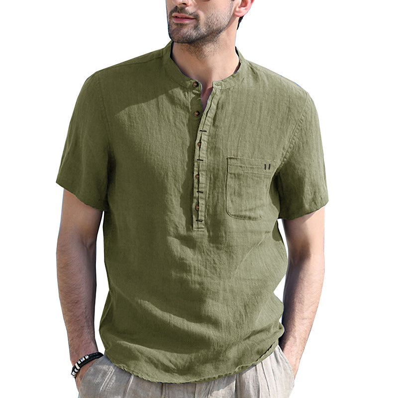 Men's Henley Collar Solid Color Short Sleeve Cotton and Linen Shirt