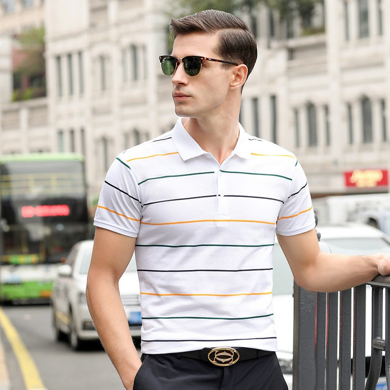 Top Grade New Summer Brand Mens Striped Turn Down Collar Polo Shirts