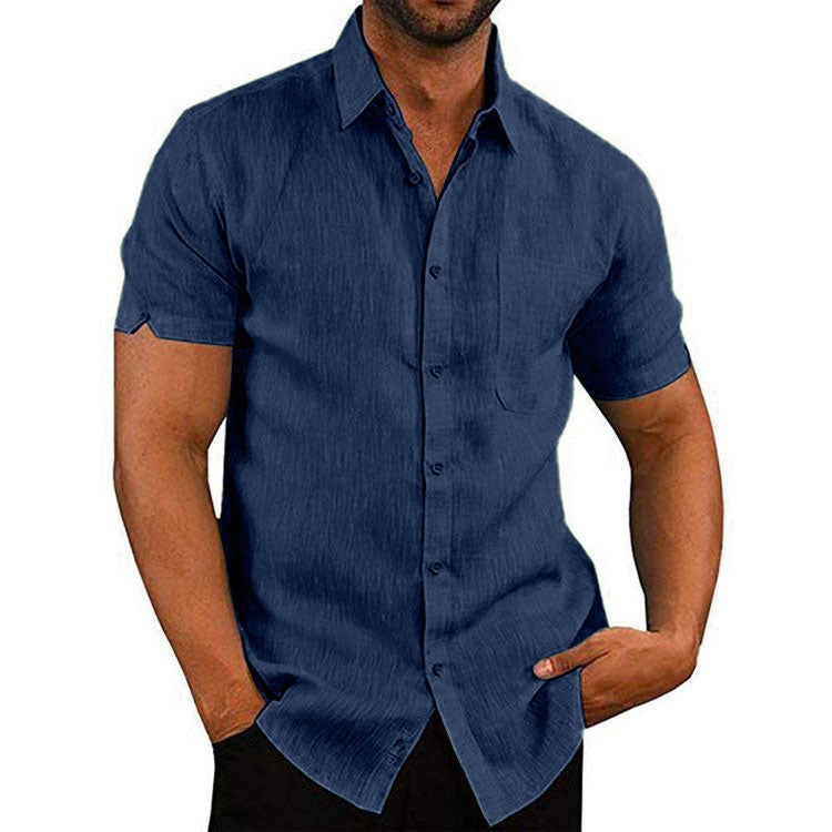 Men's solid color short-sleeved linen buttons shirt