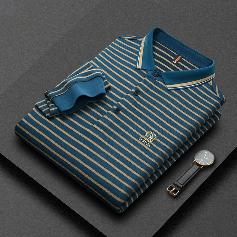 Men's Striped Lapel Casual Embroidered Polo Shirt