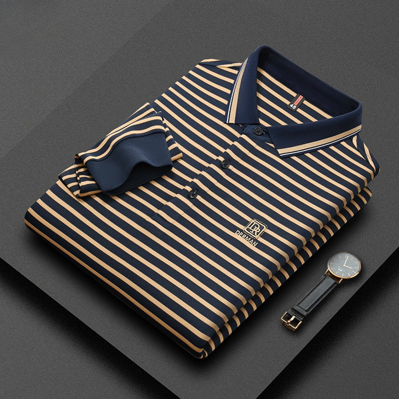 Men's Striped Lapel Casual Embroidered Polo Shirt