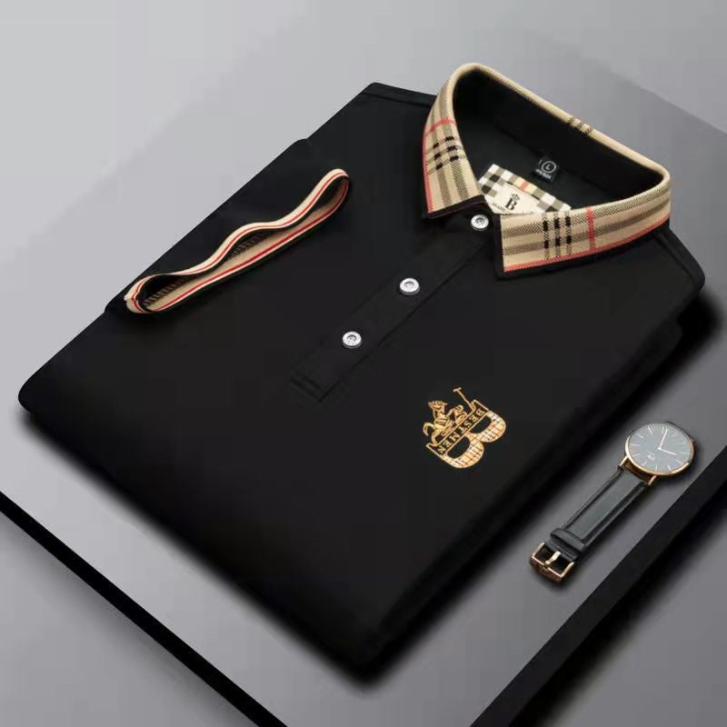 Men's Business Embroidered Striped Lapel Polo Shirt