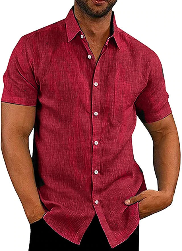 Men's solid color short-sleeved linen buttons shirt